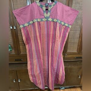 J. Peterman Pink and Orange Striped Boho Kaftan with Embroidered Yoke